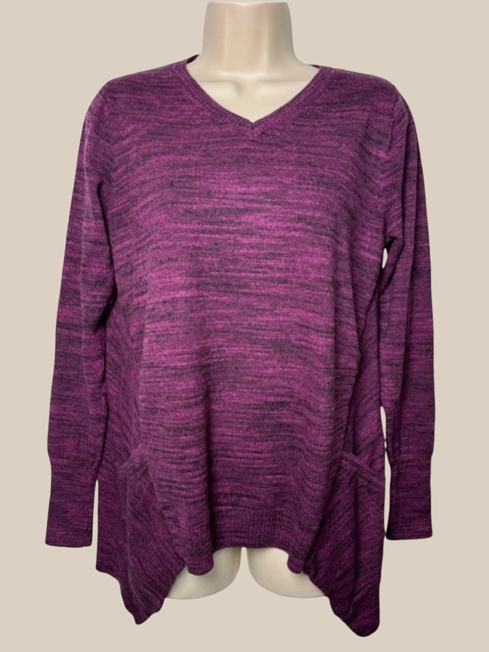 LOGO Lori Goldstein Space Dye Tunic Sweater V Neck Asymmetrical Pockets SZ S
